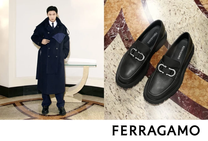 Split view Ferragamo ad with Jingyu Huang in a navy coat alongside black leather lug-sole Gancini loafers on marble flooring.