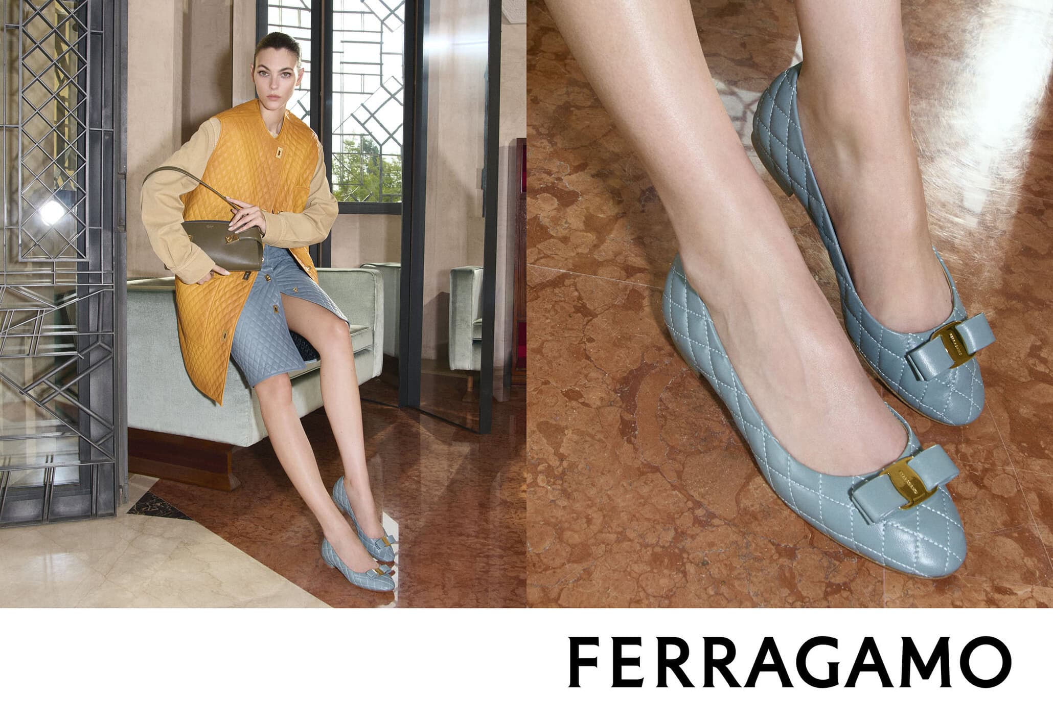 Vittoria Ceretti in a yellow quilted vest and blue skirt alongside a close-up of blue quilted Ferragamo ballet flats.