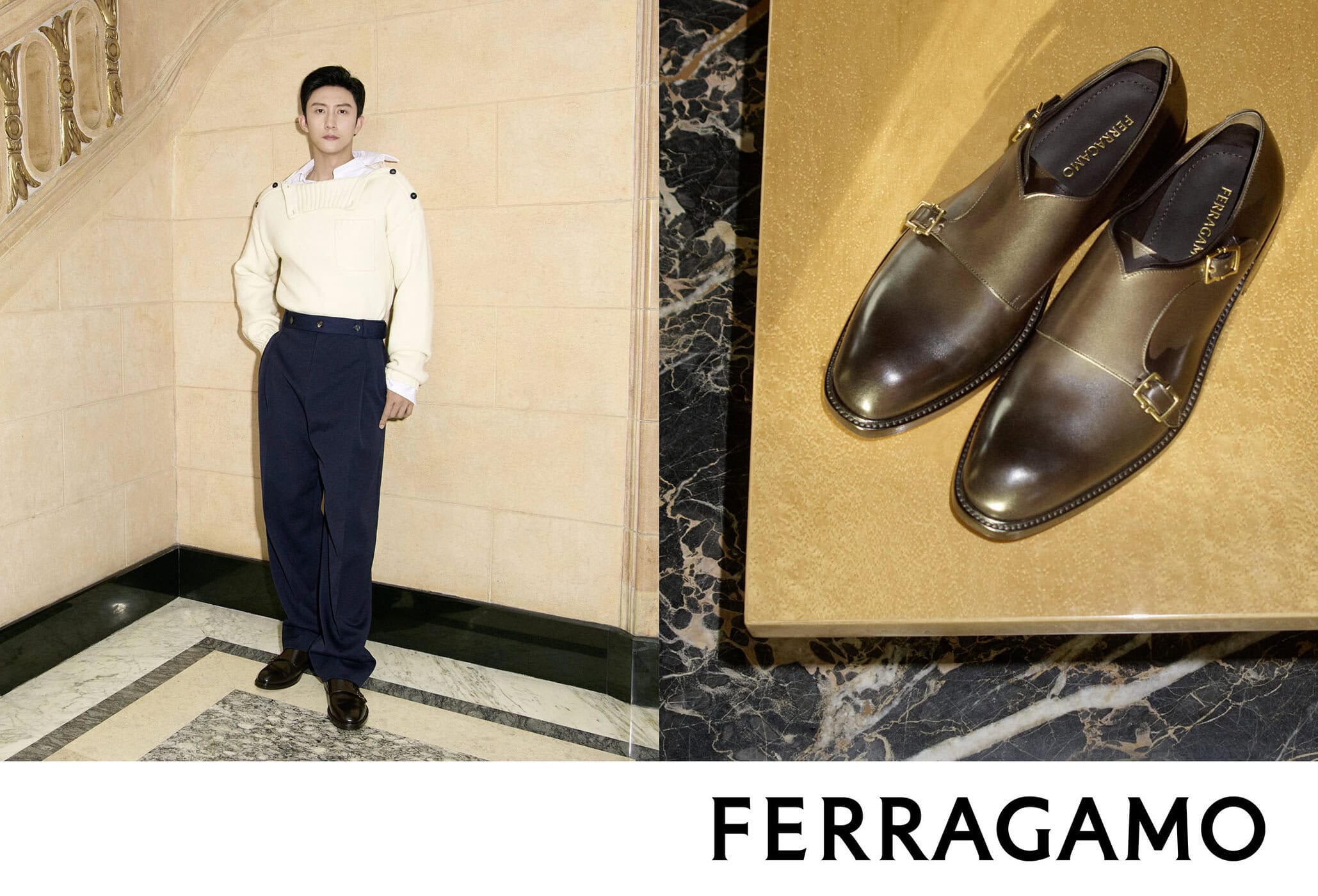Man wearing cream sweater and dark trousers standing beside a display of metallic monk strap shoes