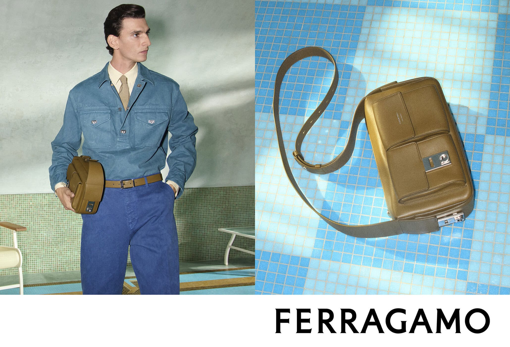 Man wearing blue shirt and trousers holding a brown leather bag beside a blue tiled surface for Ferragamo fall 2026 ad campaign