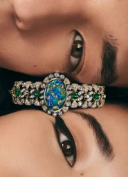 Close-up of an ornate opal, diamond, and emerald jewelry piece positioned tightly between two models' faces.