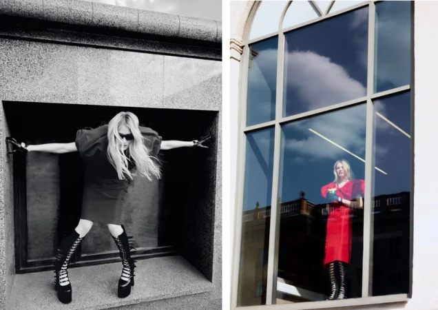 Model in red dress and black platform boots posing in a diptych format for Vogue Portugal
