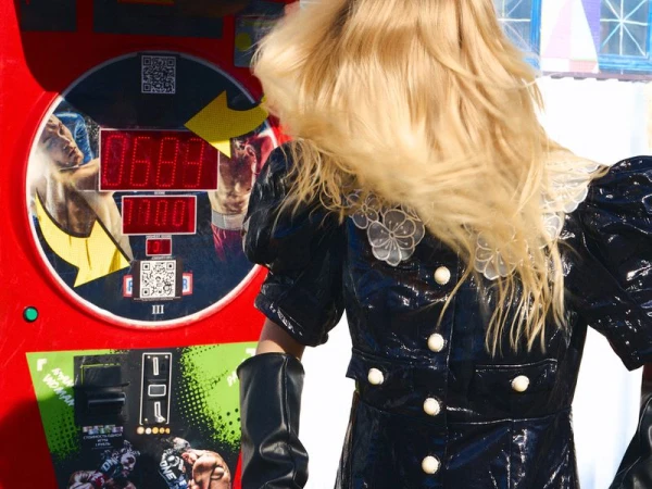Blonde woman with motion-blurred hair wearing a glossy black vinyl dress and gloves in front of a red arcade boxing machine.