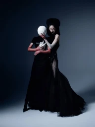 Two fashion models in black gowns, one holding a white anatomical heart and the other wearing a textured spherical headpiece.