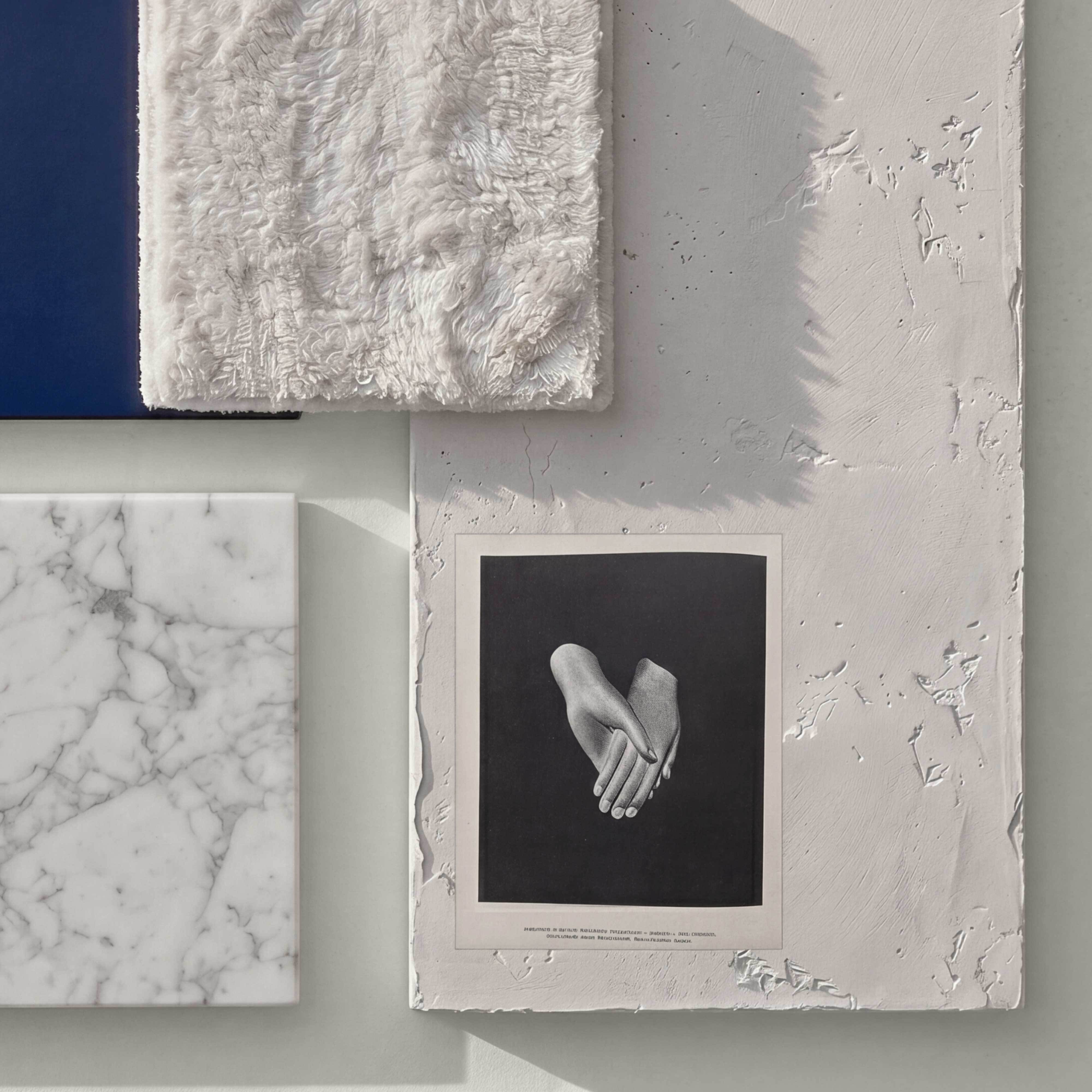 Material palette moodboard with marble slab, textured fabric swatch, and vintage hand illustration print under direct sunlight.
