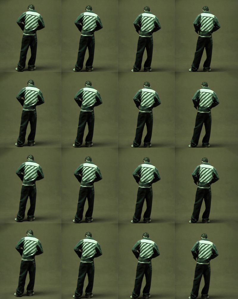 Contact sheet grid of a man standing with his back turned wearing an Off-White striped jacket and dark pants on an olive backdrop.