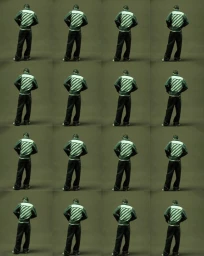 Contact sheet grid of a man standing with his back turned wearing an Off-White striped jacket and dark pants on an olive backdrop.