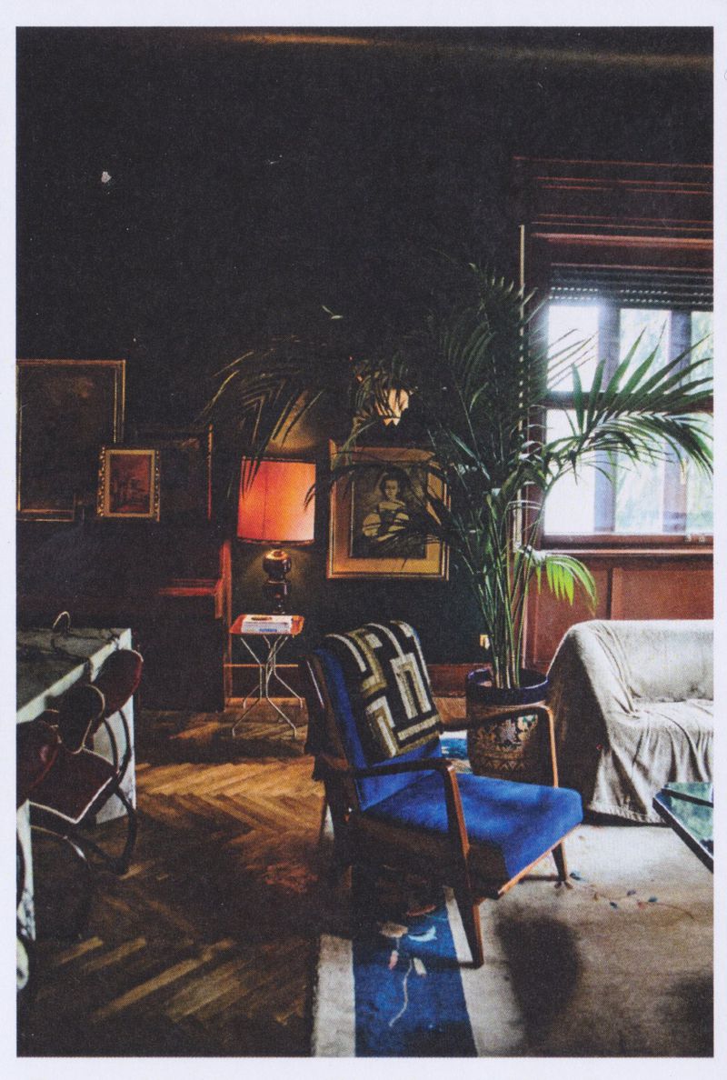 A moody interior scene with a vibrant blue velvet armchair, a large potted palm plant, and dark walls adorned with framed art.