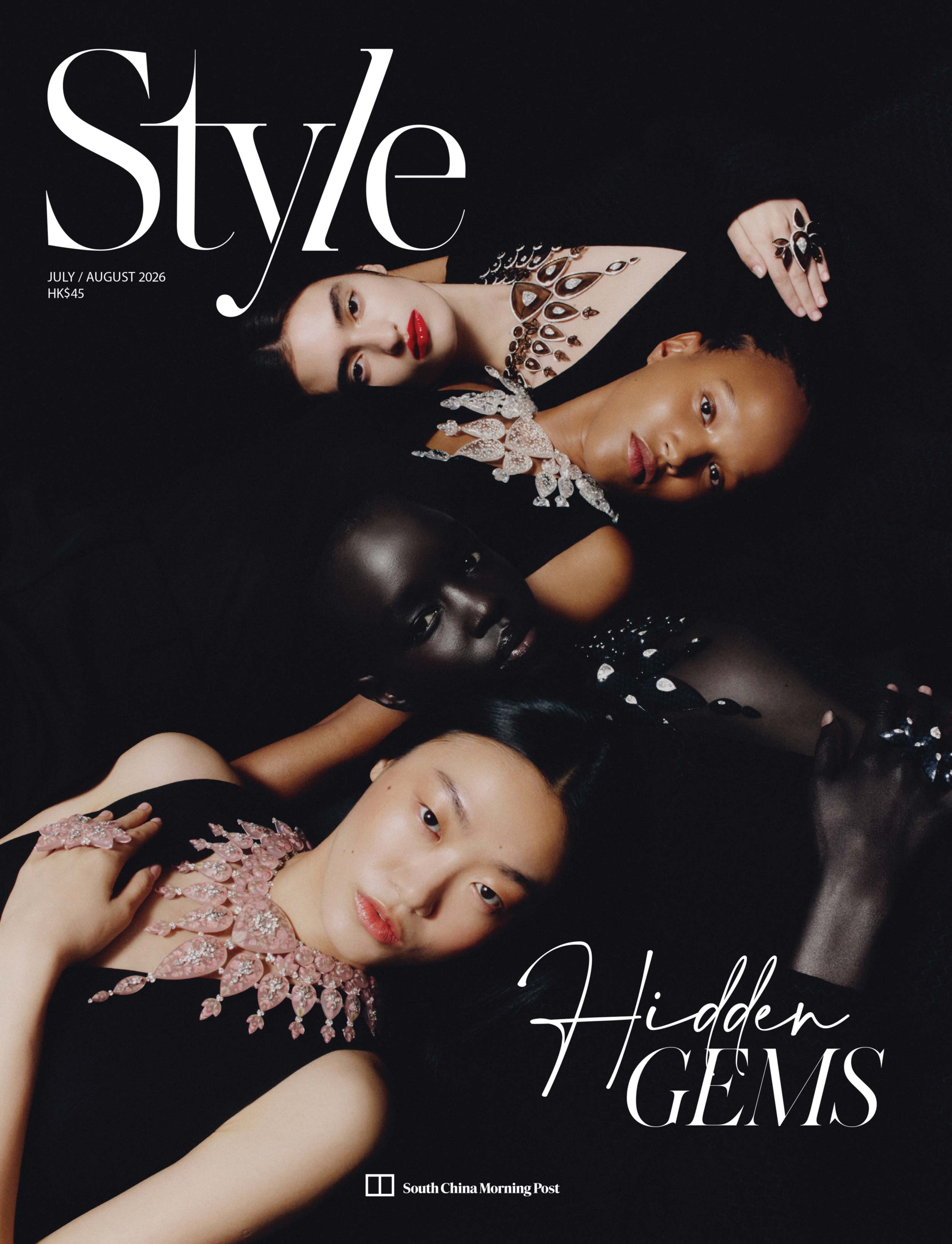 Four models reclining against a black backdrop wearing statement gemstone jewellery for SCMP Style magazine cover.