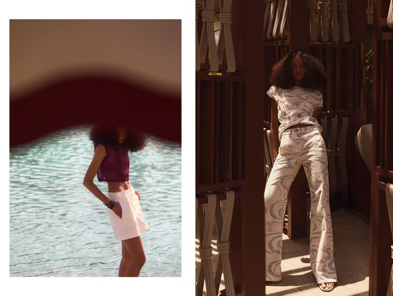 Two photos of a woman in white bottoms and a patterned top. The left photo is by a pool while the right is indoors.