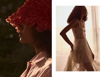 Diptych fashion editorial featuring a close-up profile wearing a red fringed hat and a full-length shot in a white lace dress.
