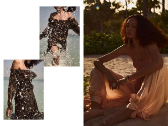 Collage style fashion editorial showing a model on sand and another walking in water with splashing droplets