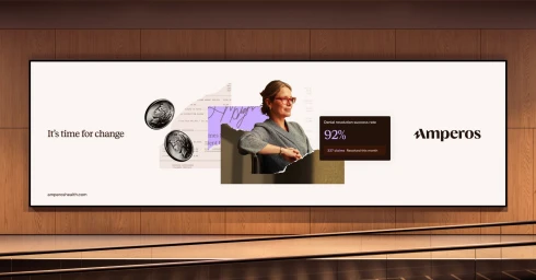 Horizontal Amperos brand billboard mockup featuring a mixed-media collage with a woman, coins, and performance statistics.