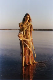Model Sam Laban standing in calm shallow water wearing a yellow patterned ribbon dress during golden hour.