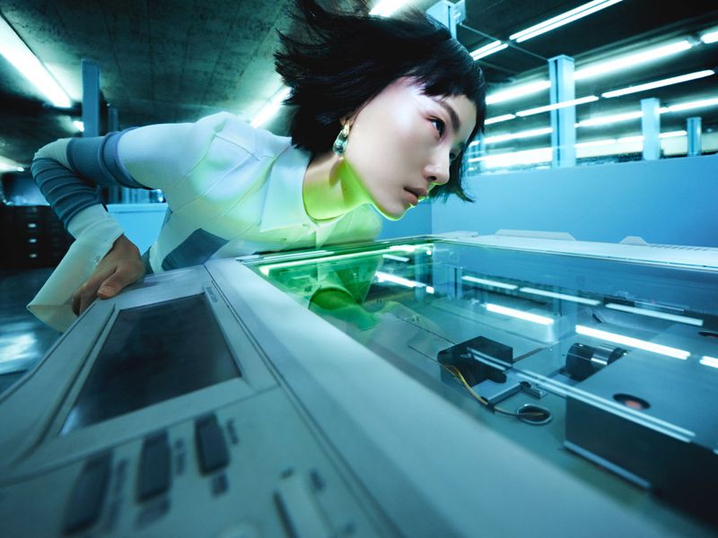 Woman peers at a blue-lit surface in a laboratory-style environment, wearing a light-colored outfit with a dark, short hairstyle.