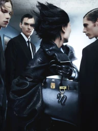 Model in black leather jacket holding a black leather handbag surrounded by three men in dark suits