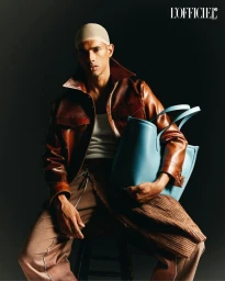 Male model wearing a brown leather jacket holding a light blue tote bag against a dark background