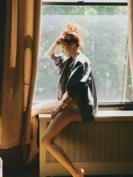 Actor Britt Lower sits on a radiator cover in front of a bright sunlit window wearing an oversized grey jacket.