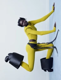 Model Ateta Jok poses dynamically in a yellow ribbed knit outfit and wide black leather boots against a minimal studio background.