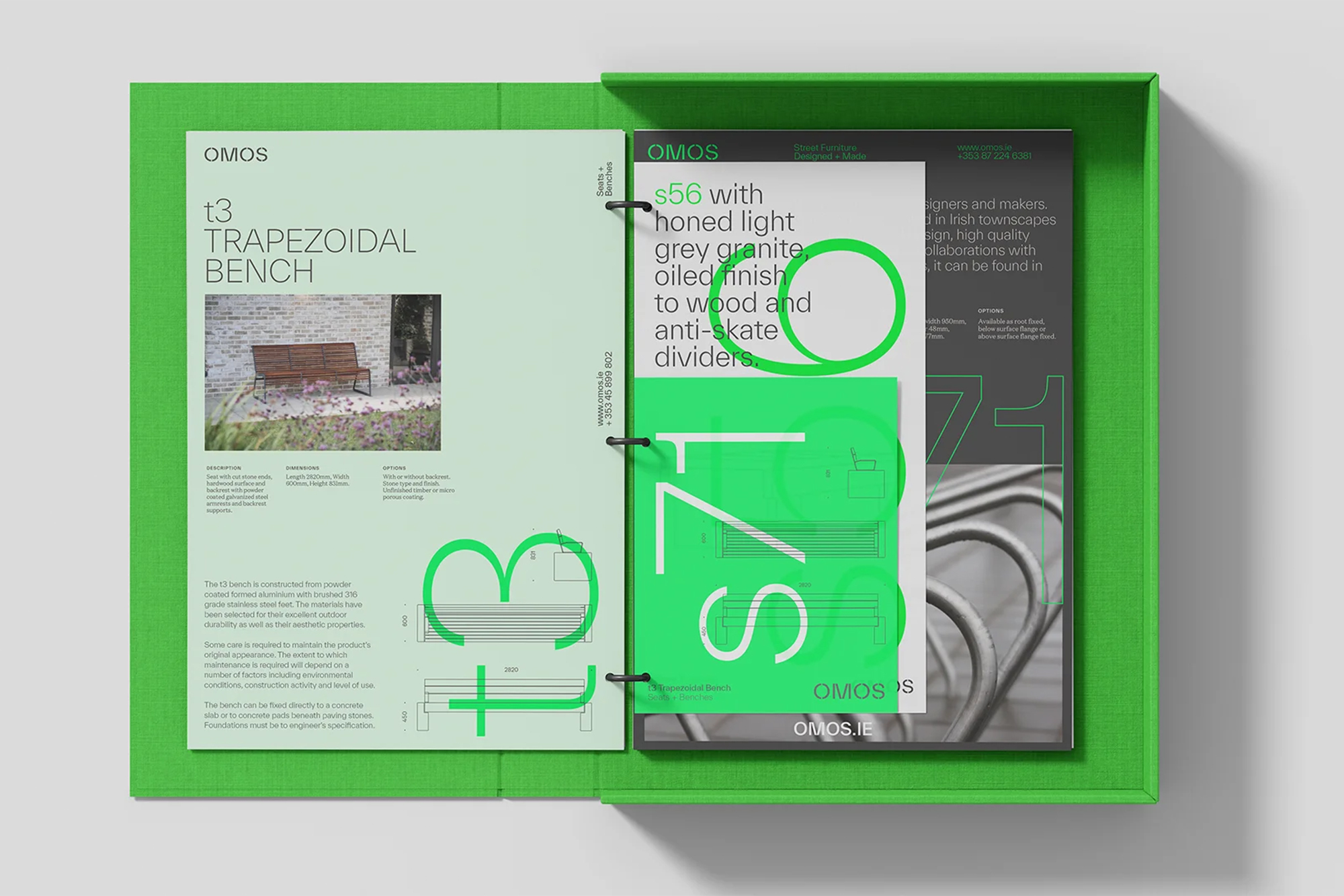 An open vibrant green binder displaying OMOS brand catalogue pages, technical diagrams, and typography for street furniture.