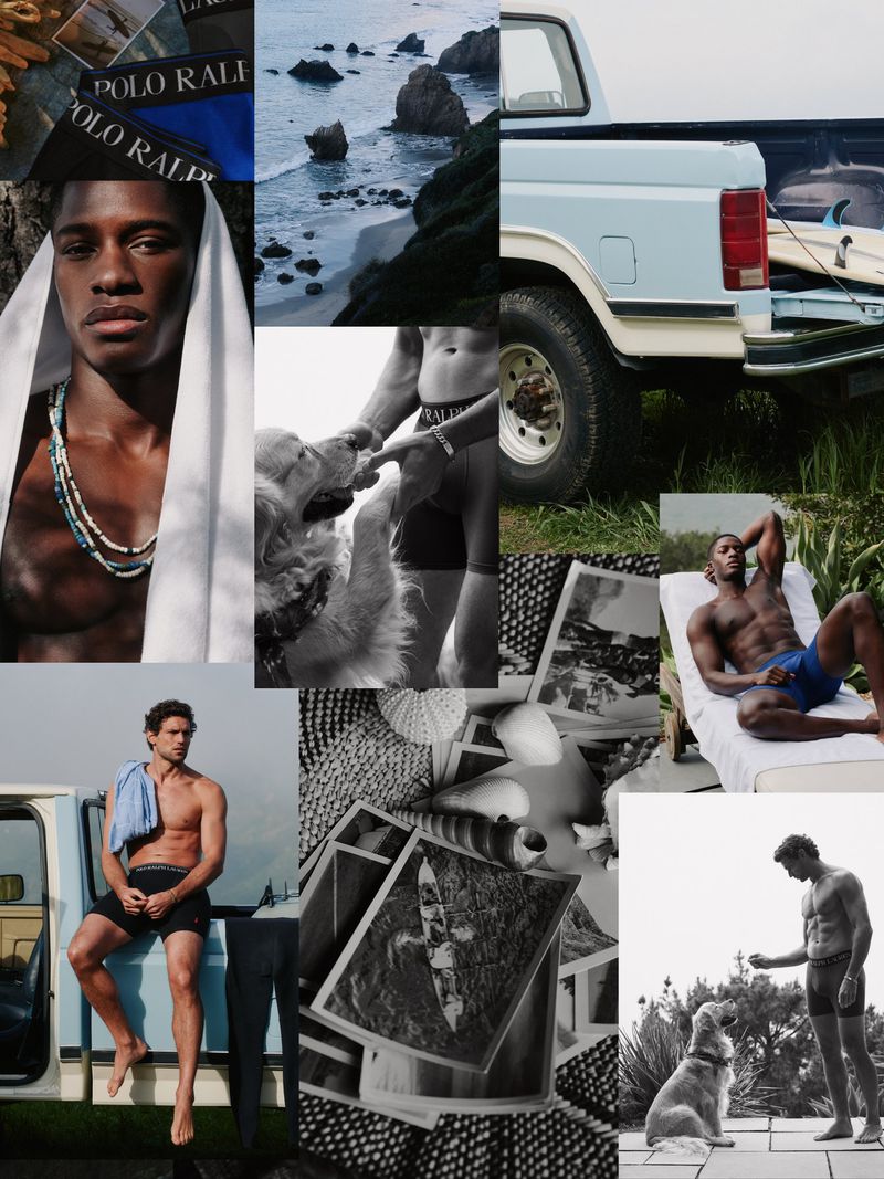 Visual moodboard collage featuring male models in underwear, a vintage pickup truck, coastal scenery, and a dog.