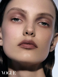 Close-up beauty portrait of a woman with slicked-back dark hair, soft pink eyeshadow, and matte dusty rose lipstick.