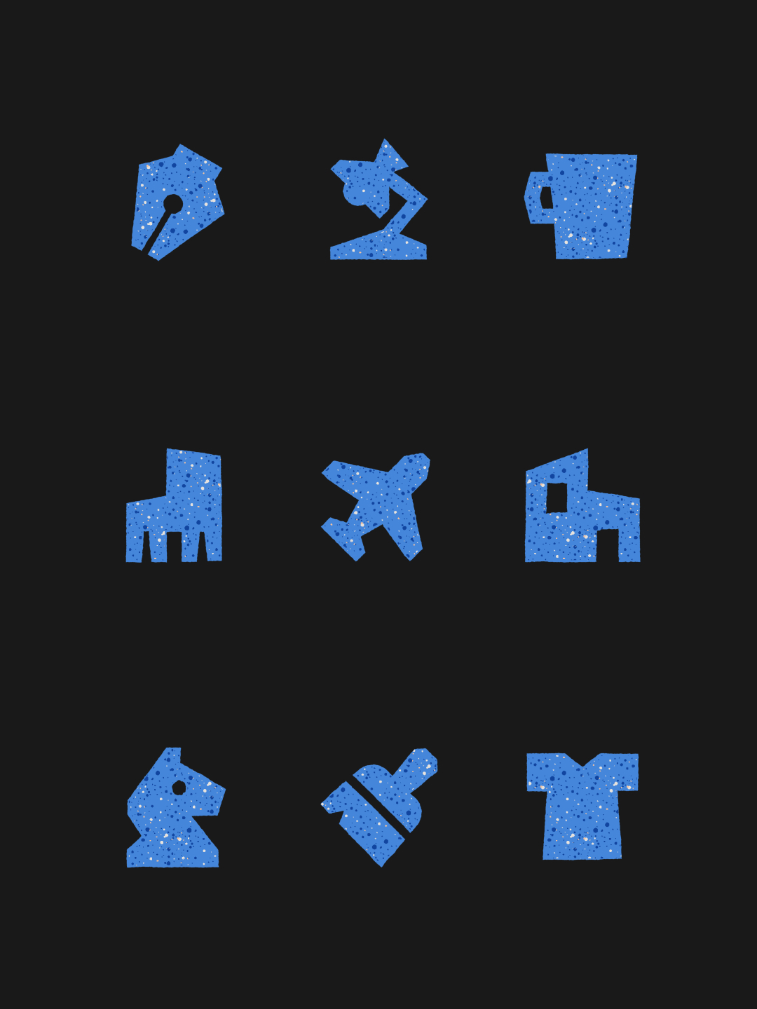 Nine blue speckled geometric icons depicting tools, objects, and symbols arranged in a 3x3 grid on a solid black background.
