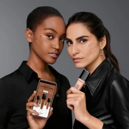 Two women with foundation swatches on their cheeks holding a smartphone and a bottle of foundation for Lancome E-shade Finder