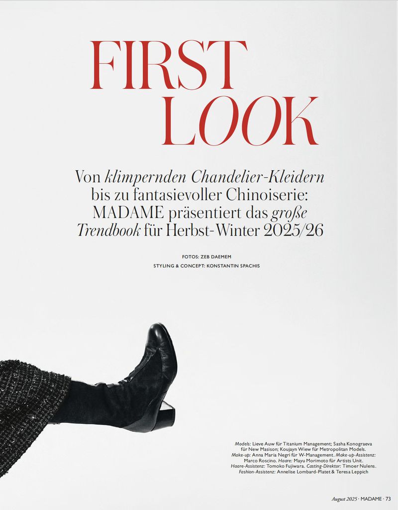 Fashion editorial shot featuring a woman's leg and foot wearing a black boot against a stark white background with red magazine text.