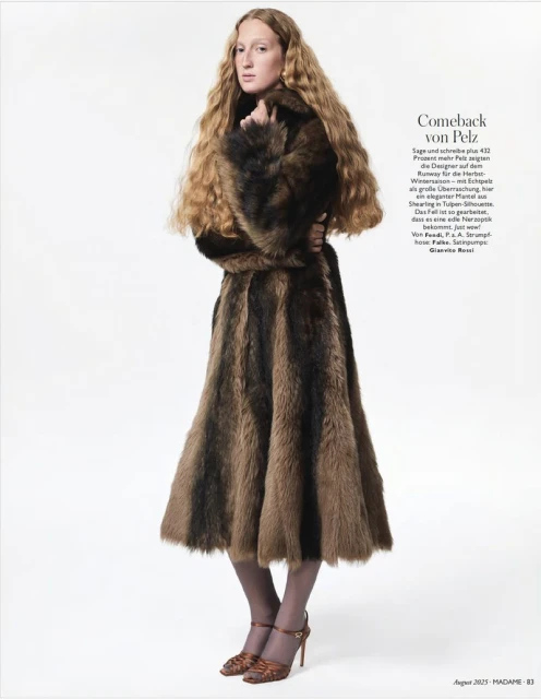 Fashion editorial shot of a blonde woman modeling a fur coat and skirt with heels against a white background in a full-length pose.