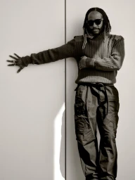 Thundercat wearing sunglasses, a ribbed knit sweater, and cargo pants, posing against a divided neutral wall.