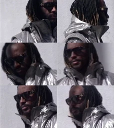 Six-panel portrait grid of musician Thundercat wearing dark sunglasses and a metallic silver jacket against a white background.
