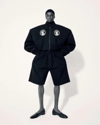 Model Gbolahan Yusuf wearing an exaggerated wide-shoulder black jacket and matching shorts against a white backdrop.
