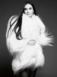 Demi Moore wearing a voluminous white faux fur coat against a dark seamless studio background.