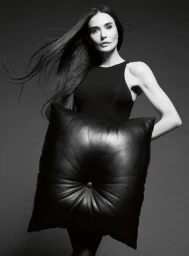 Demi Moore posing with an oversized tufted black leather pillow in a black and white studio portrait.
