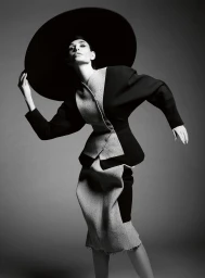 Demi Moore posing dynamically in a structured two-tone skirt suit and an oversized black circular hat against a studio backdrop.