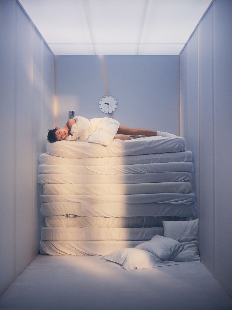 A person in white loungewear reclined atop a tall stack of white mattresses inside a minimalist room with a wall clock.