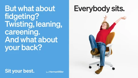 Person in a red shirt and jeans stretching back on a Herman Miller office chair next to advertising copy on a blue background.