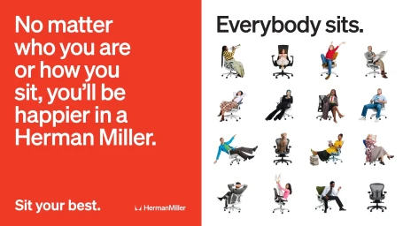 Herman Miller ad featuring white text on red beside a sixteen-image grid of diverse people sitting playfully on office chairs.