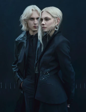Two fair-skinned people with fair hair pose in black tailored clothing against a dark backdrop. The composition is studio-lit, showcasing fashion.