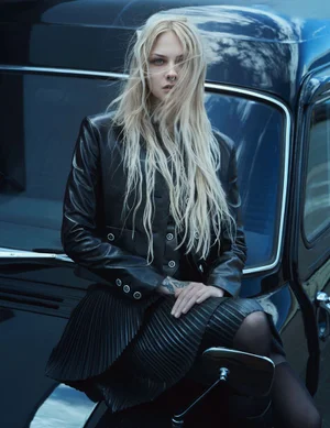 Model with long blonde hair in a black leather jacket sitting on a dark vintage vehicle for The Hunger Magazine Pre-Fall 2025 editorial.