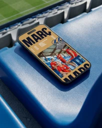 Smartphone mockup displaying a CE Europa match graphic resting on a blue stadium seat.