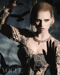 Model wearing high jewelry necklace and embroidered gown behind cracked glass with silhouetted birds
