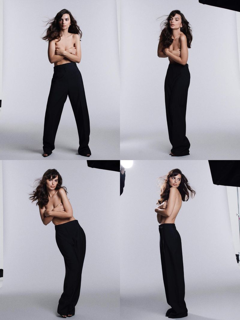 Montage of a woman with long brown hair posing in black pants in a photo studio against a gray backdrop with lighting equipment visible.
