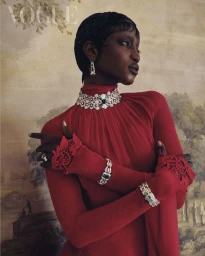 Model Rosalie Ndour in a red high-neck dress and high jewelry choker against a classical painted scenic backdrop.