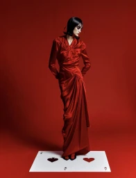 Model in a draped red satin long gown standing on an oversized playing card against a crimson red studio backdrop.