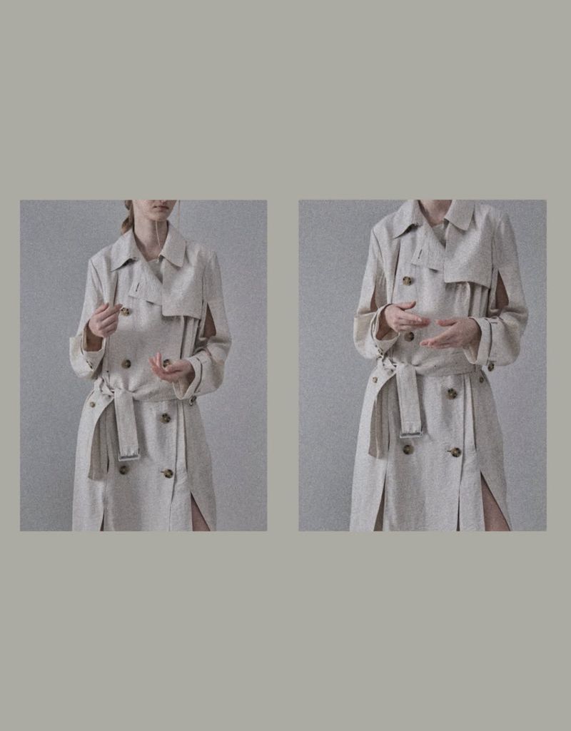 A two-panel composition showing a woman wearing a beige trench coat with cut-out sleeve details, belted at the waist against a plain background.