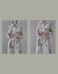 Diptych of a model wearing a light beige belted deconstructed trench coat against a muted grey backdrop.