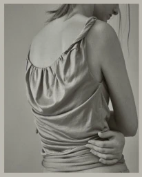 Rear view of a model wearing a gathered beige sleeveless top with twisted straps against a neutral background.