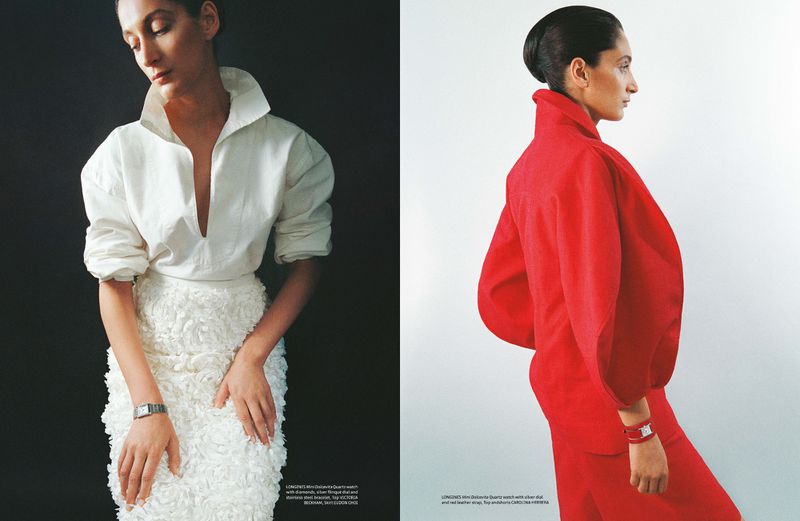 Editorial fashion shot of a woman wearing a white outfit with a Longines watch, and a woman in a red suit with a Longines watch.